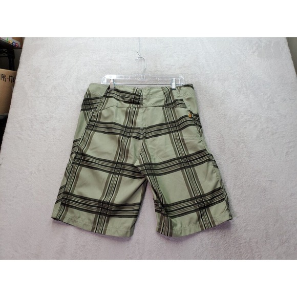 Wonderwall Board Shorts Mens 34 Green Plaid 100% Polyester Zip Pocket Drawstring - Picture 2 of 8